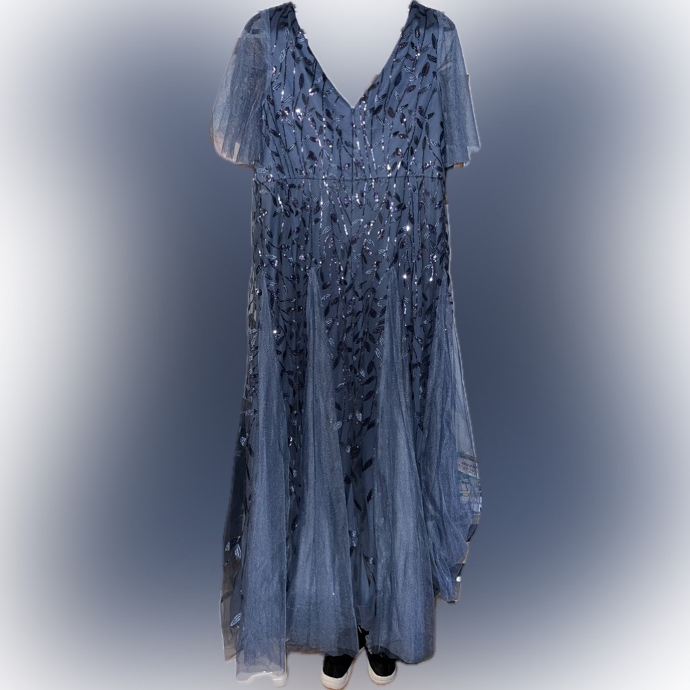Shimmery V Neck Maxi Evening Dress by Ever Pretty - size 18. Dusty Blue color. - Picture 5 of 11